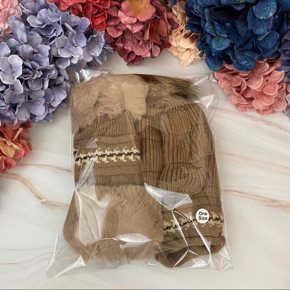 Chic Khaki Fleece Lined Beanie with Fur Pom Poms & Fingerless Gloves - Picture 16 of 16